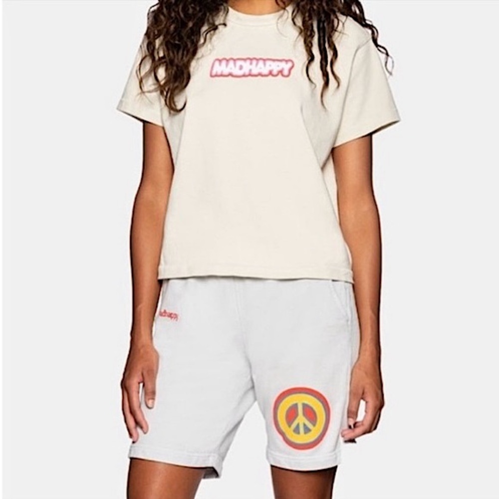 MADHAPPY Beige Cotton 90s Graphic Bubble Logo Crewneck Short Sleeve Crop Tee M